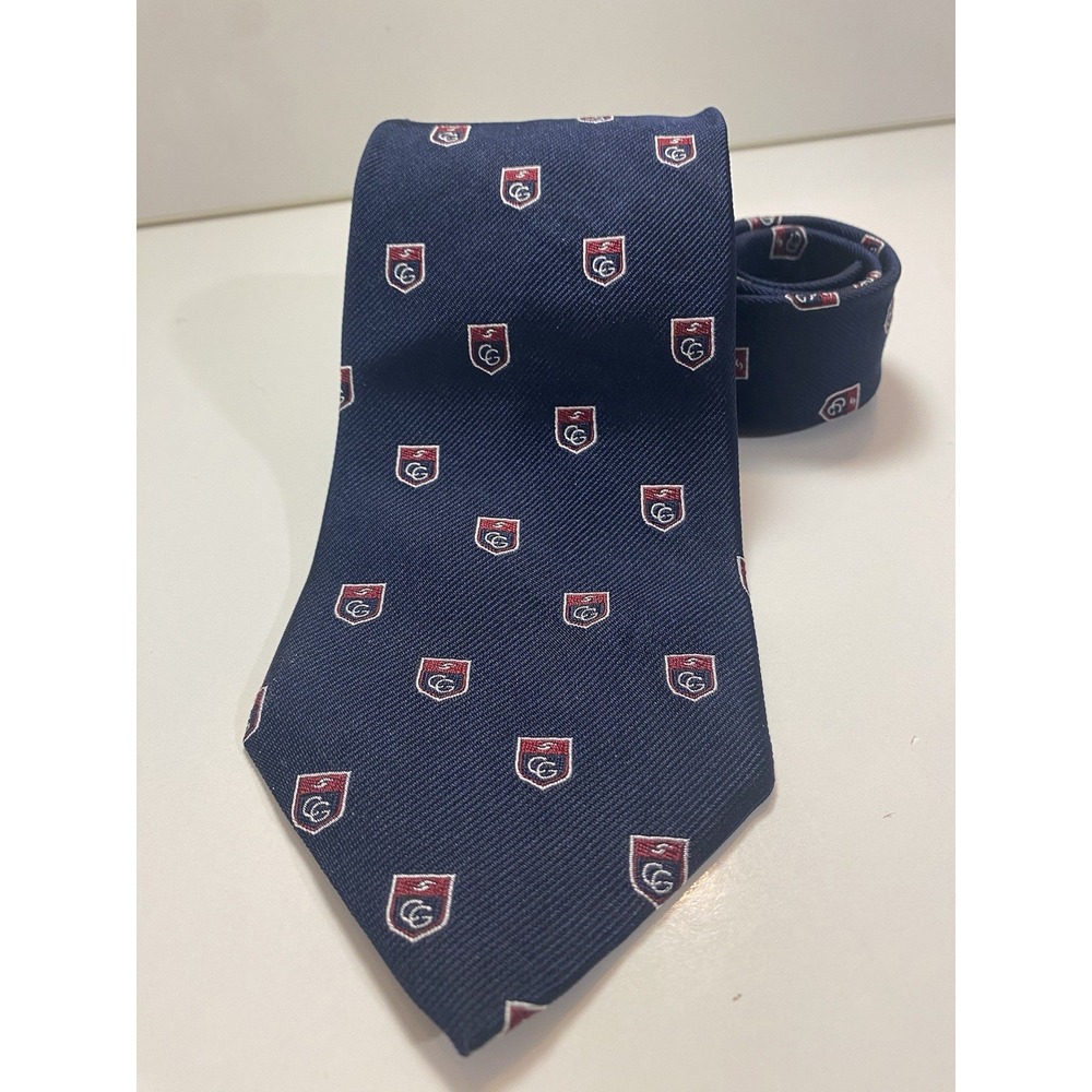 VTG Barnard-Maine LTD Navy Silk Repp Club Tie w/ Repeating Red & Blue Shield